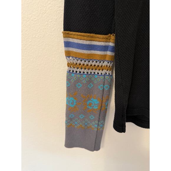Free People We The Free Mikah Thermal Henley Black Combo Sz M Embroidered Cuffs - Picture 3 of 9